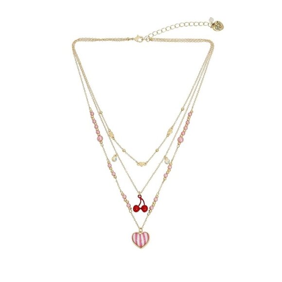NWT Cute FUN! Betsey Johnson Triple Three Strand Heart Cherry Necklace Pink - Picture 6 of 8